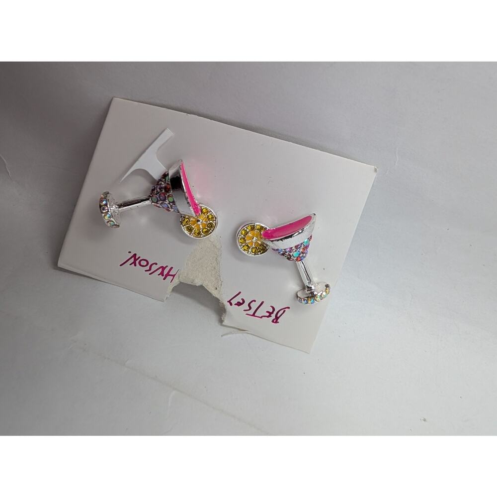 Betsey Johnson Martini Glass Dangle Earrings Pink Enamel Rhinestone Fashion